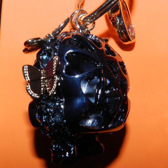 NIB | Betsey Johnson | Gunmetal Gold Butterfly Crystal Goth Skull Bag Charm - Picture 7 of 7